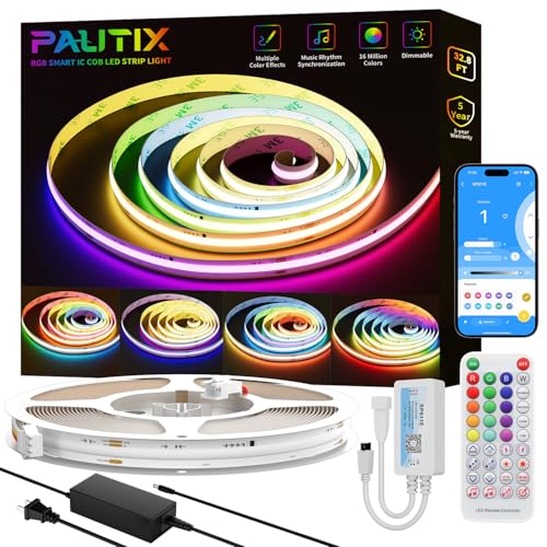 PAUTIX RGB Smart IC COB LED Strip Light Addressable 32.8ft/10m,UL-Listed 24V Color Flowing Strip Light Multicolor Flexible Tape Lights with APP Control/Music Mode,for TV,Bedroom,Party DIY Decoration - size: 32.8 ft