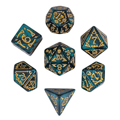 7-Die DND Dice Set Scary Pattern Polyhedral Dice Set with Leather Bag, Skull Dice D&D Dice Set for RPG Table Games.(Scary Pattern-Green) - color: Halloween Pattern-green