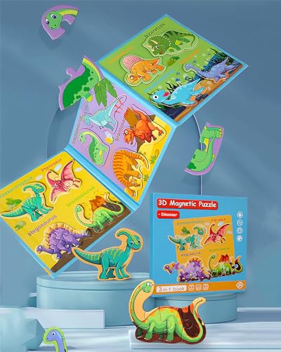 Magnetic Puzzles for Toddlers 2-4, Travel Puzzles Games for Kids Ages 1-3, Dinosaur Activities Toy Wooden Jigsaw Puzzles Book for Boys & Girls 1 2 3 4 5, Learning Magnet Gift for Road Trip (Dinosaur) - style: Dinosaur