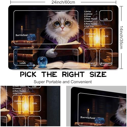 for MTG Playmat 24 x 14 Inches Cat Magic Play Mat Card Game Mat for Magic The Gathering TCG PTCG Playmat with Free Storage Bags Non-Slip Backing and Stitched Edge - color: Cat With Zones