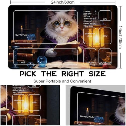 for MTG Playmat 24 x 14 Inches Cat Magic Play Mat Card Game Mat for Magic The Gathering TCG PTCG Playmat with Free Storage Bags Non-Slip Backing and Stitched Edge - color: Cat With Zones