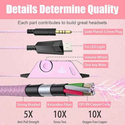 BENGOO G9000 Professional Gaming Headset for PS4, PC, Xbox One Controller, Noise Cancelling Over Ear Headphones with Mic, LED Light, Bass Surround, Soft Memory Earmuffs for Laptop - Pink - color: Pink