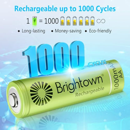 Brightown 8 Pack AA 1000mAh and 4 Pack AAA 800mAh Rechargeable Batteries Combo - 1.2V NiMH High Capacity Battery - Ideal for Solar Lights & Home Devices, Recharge up to 1000x Times, Pre-Charged - size: 8PC AA 1000mAh + 4PC AAA 800mAh