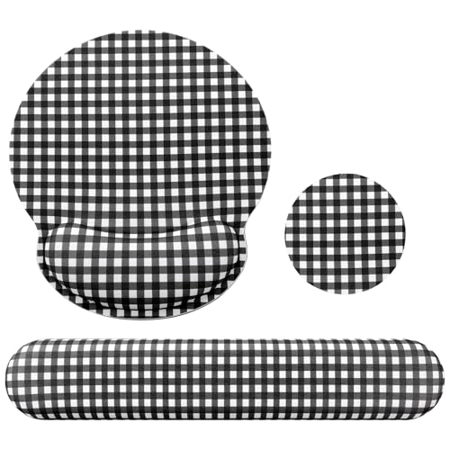 Tellegloww Wrist Rest Support for Mouse Pad&Keyboard Set, Black and White Gingham Checkered Circle Curved Ergonomic Mousepad&Coaster Non-Slip Base for Office Home Laptop Desktop Computer Keyboard - color: Black and White