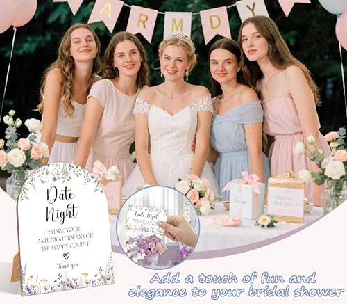 51 Pc Wildflower Date Night Ideas Game, Boho Flowers Bridal Shower Game, 6x8 Inch Arch Wooden Sign with Stand and 50 Date Night Cards, Wedding Shower Decor - YHZ06 - color: Wildflower06