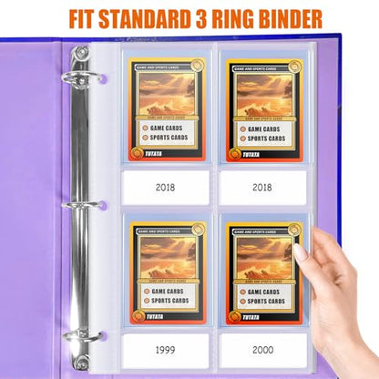 4 Pocket Top Loader Sleeves, Trading Card Binder Pages, Baseball Card Storage Sleeves for 3 Ring Binder-50 Pages