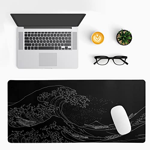 Brecoy Japanese Sea Wave Large Mouse Pad, Anime Black Gaming, Extended Kanagawa Mat Desk Pad, 3mm Thick Long Non-Slip Rubber Base Mice Pad, 31.5 X 11.8 Inch - color: Black Wave of Kanagawa