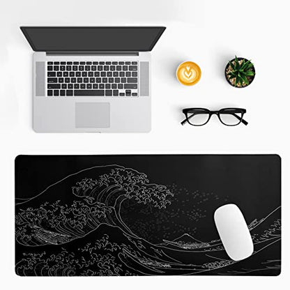 Brecoy Japanese Sea Wave Large Mouse Pad, Anime Black Gaming, Extended Kanagawa Mat Desk Pad, 3mm Thick Long Non-Slip Rubber Base Mice Pad, 31.5 X 11.8 Inch - color: Black Wave of Kanagawa