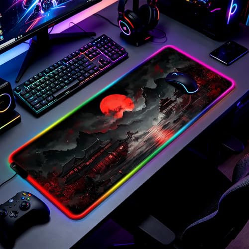 RGB Japanese Dreamy Lakescape Full Moon Gaming Desk Mat, Computer Keyboard Large Extended Long LED Mouse Pad for Office and Home, XL (W07) - color: Rgb-w07