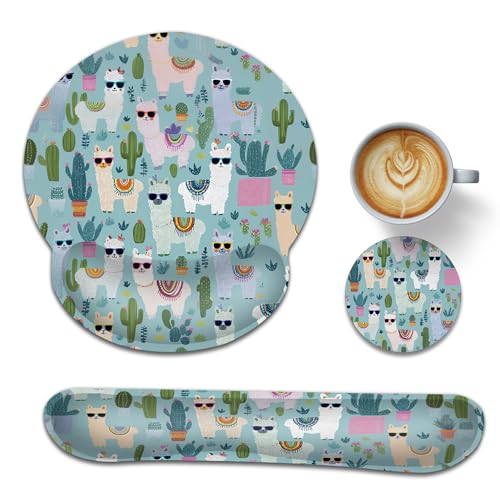 Cute Alpacas Ergonomic Keyboard and Mouse Wrist Rest Set, Cacti Mouse Pad with Non Slip Base, Soft Cloth Surface for Office and Home Typing Support - color: Cute Alpacas Cacti
