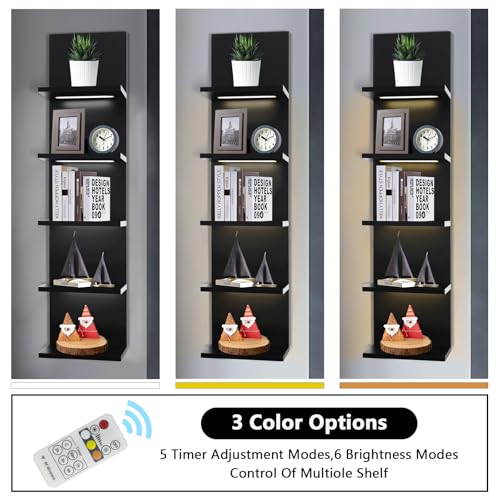 5 Tier Wall Shelf Unit, Black | Lack Shelf, For Bedroom, Office, Bathroom, Vanity Shelves, With LED Remote Control Light - color: Black