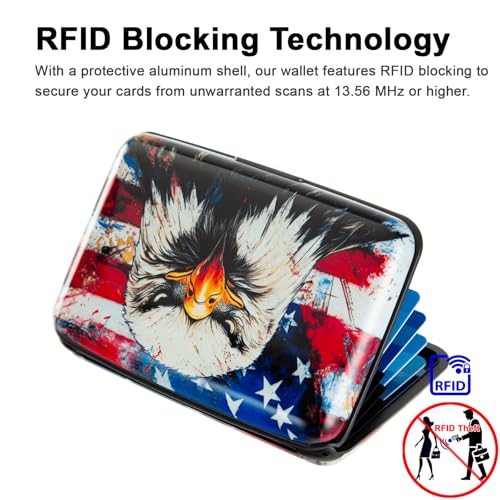 Credit Card Holder, Metal Card Wallet RFID Blocking Mini Slim Aluminum Business Hard Card Case for Women Men (Bald Eagle with American Flag) - color: Bald Eagle with American Flag