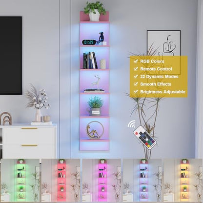 Qupui 6-Tier Wall Shelf with RGB LED, 57" Floating Storage, Pink | RGB 16 Million Colors, 22 Modes, 6 Brightness. Waterproof Particleboard. Each Tier Holds 10 Lbs. Wall-mounted. For Bedroom - color: Pink