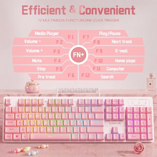 Redragon Updated S107WP Gaming Keyboard and Mouse, RGB Gaming Keyboard and 10000 DPI Mouse Combo with 25-Key Anti-Ghosting, 1K Hz Programmable Mice with Software, Plug & Play to PC, Laptop - Pink - color: Pink