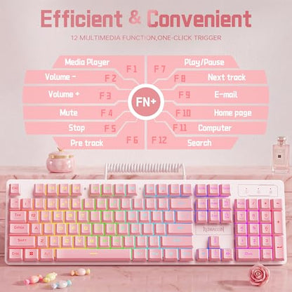 Redragon Updated S107WP Gaming Keyboard and Mouse, RGB Gaming Keyboard and 10000 DPI Mouse Combo with 25-Key Anti-Ghosting, 1K Hz Programmable Mice with Software, Plug & Play to PC, Laptop - Pink - color: Pink