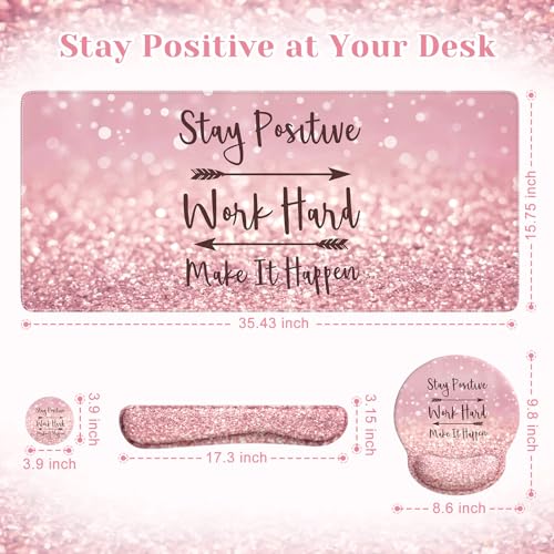 iCasso Mouse Pad,Large Pink Desk Mat Set, 4in1 Back to School XXL Mousepad + Keyboard Wrist Rest+Mouse Wrist Rest+Coaster with Ergonomic Desk Pad for Home Office Computer Cover -Pink Stay Positive - color: 1-Pink Stay Positive