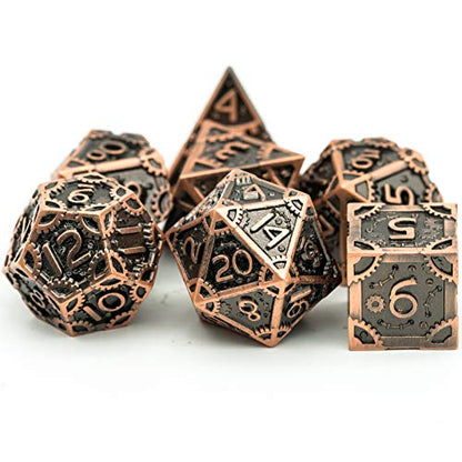 UDIXI Steampunk Metal Dice Set, 7PCS Metal Polyhedral DND Dice Set for D&D | Ancient Copper, Gear Carved, Solid Metal, Metal Gift Box, DM Gift, for Dungeons and Dragons RPG Role Playing Games - color: Gear-antique Copper