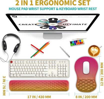 Hokafenle 2 in 1 Ergonomic Mouse Pad Wrist Support & Wrist Rest for Computer Keyboard Set, with Relieve Carpal Tunnel Pain Massage Bulge and Full Memory Gel Design (2In1 Set, Sunset Glow) - color: Hk022-sunset Glow