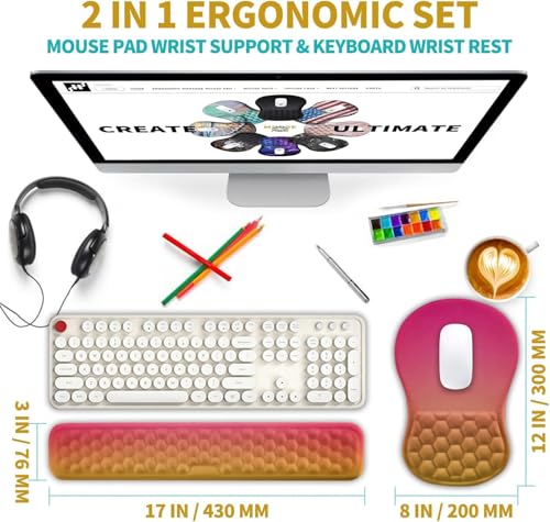 Hokafenle 2 in 1 Ergonomic Mouse Pad Wrist Support & Wrist Rest for Computer Keyboard Set, with Relieve Carpal Tunnel Pain Massage Bulge and Full Memory Gel Design (2In1 Set, Sunset Glow) - color: Hk022-sunset Glow