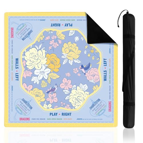 Soulchen Flower Blue and Yellow American Mahjong Mat for Table with Rules, No Creases, Ships Rolled, 31.5 x 31.5 Non-Slip Noise Reduction Gaming Mat with Carrying Bag for Poker Card Board - color: Blue and Yellow