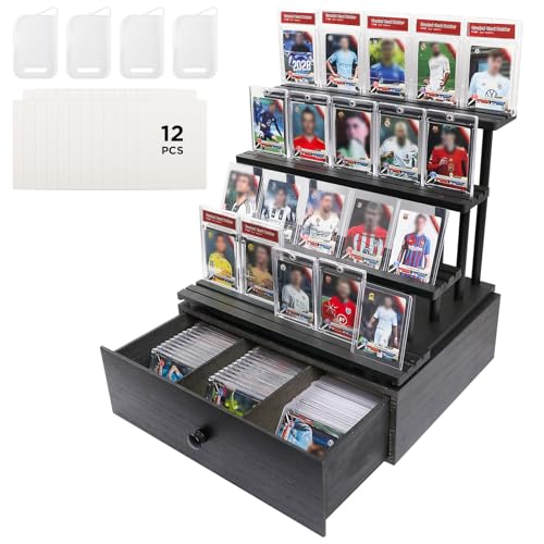 Wooden 4-Tier Trading Card Display Case, Sports Card Display stand with Custom Drawer, Card Supporters & Dividers For Graded Card Display Collection Storage