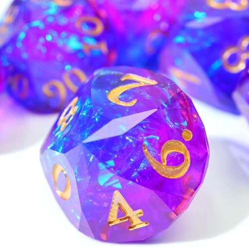 XENOLU DND Dice Set, Diamond Cut Sharp Edge Polyhedral Resin Dice with Holographic Foil, Two-Color Blue Purple Gradient Tabletop Roleplaying Game Dice - RD-Mixed4 - color: Rd-mixed 4