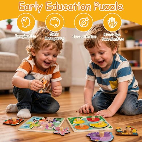 Wooden Toddler Puzzles - 4 Pcs Eco-Friendly Animal Patterns Jigsaw With Handles - Infant Kid Fine Motor Skill Learning Educational Montessori Toys for 1-3 Years Old - style: Style A