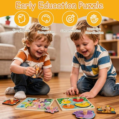 Wooden Toddler Puzzles - 4 Pcs Eco-Friendly Animal Patterns Jigsaw With Handles - Infant Kid Fine Motor Skill Learning Educational Montessori Toys for 1-3 Years Old - style: Style A
