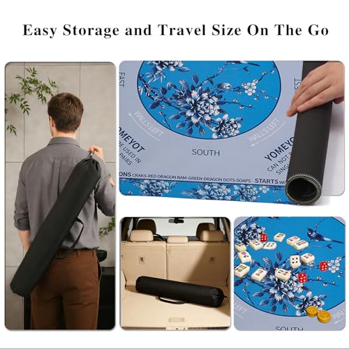 Mahjong Playing Mat with Rules Non Slip Base | Noise-Reducing Mahjong Mat with Carry Bag for Table Playing Board Games Tile Games (Aqua Blue) - color: Aqua Blue