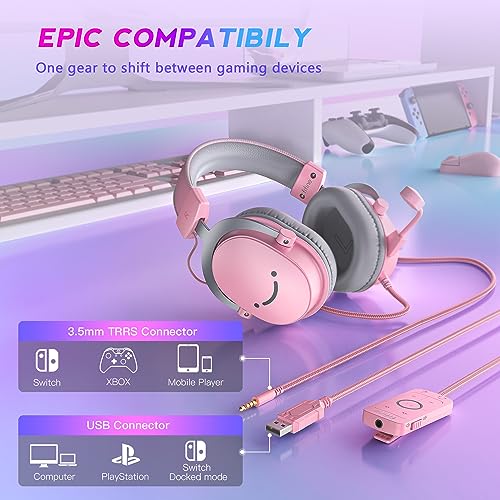 FIFINE USB Gaming Headset, PC Over-Ear Wired Streaming Headset with 3.5mm Jack, Detachable Microphone, 7.1 Surround Sound, Control Box, Passive Noise Cancellation, for PS5/Xbox/Switch-H9 Pink - color: Pink