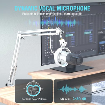 FIFINE AmpliTank K688CTW Dynamic Microphone with Boom Arm, XLR/USB Mic | Studio Vocal Podcast Mic Kit for PC, with Mute Button, Volume Knob, Headphone Jack, for Streaming Recording, White - size: K688CT White