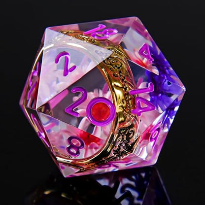 Ring DND Dice Set Sharp Edge Resin Dice,Golden Ring Inclusion Suitable for Lord of the Ring D&D Dice RPG Role Playing Games Suitable for Dungeons and Dragons Polyhedral Dice Set（Flower Pink） - color: Flower-purple