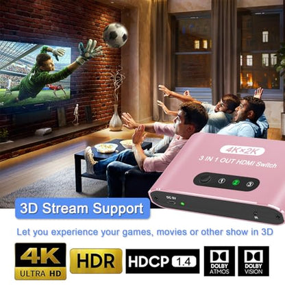 HDMI Switch 3 in 1 Out, 4K@60Hz HDMI Splitter with Remote Control, 3 Ports HDMI Switcher, Perfect for Full HD 4K 1080P 3D Video Roku Fire TV Blu-ray Players Stick Apple PS4/PS5 Xbox Chromecast (Pink) - color: Pink