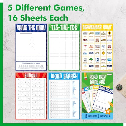 Road Trip Game Pad, 80 Perforated Sheets Travel Activity Pad, 5 Games in 1 Pad, Plane, Car Trip Activity, Pen Pencil & Paper Game for Kids, Adults (6” x 9”) - style: Trip Activity