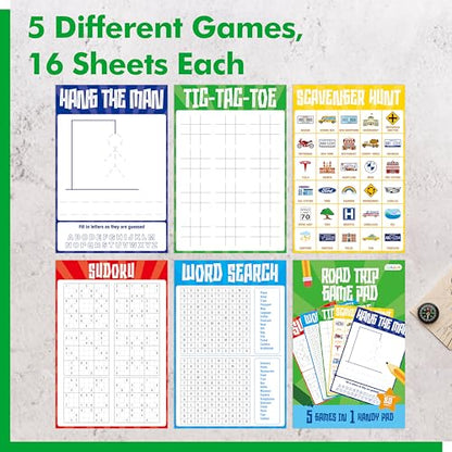 Road Trip Game Pad, 80 Perforated Sheets Travel Activity Pad, 5 Games in 1 Pad, Plane, Car Trip Activity, Pen Pencil & Paper Game for Kids, Adults (6” x 9”) - style: Trip Activity