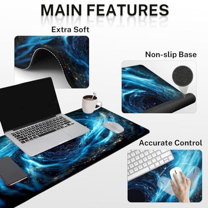 Britimes Blue Black Galaxy Keyboard Mouse Pad Set Desk Ma Space Abstract 4in1 Large Mousepad+Keyboard Wrist Rest+Mouse Wrist Rest+Coaster Ergonomic Design for Home Office Computer 35.4x15.7 inches - color: Blue Black Gold Galaxy