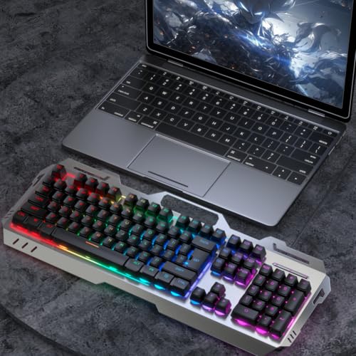 GX80Z Gaming Silent Keyboard 104Keys Wired All-Metal Panel Backlit USB Wired Compatible with Laptop PC(Black Rainbow Light)