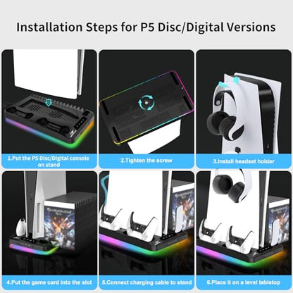 Cooling Station for Ps5/Slim/Pro Disc & Digital Playstation 5 Vertical Stand Organizer with Dual Controller Charger,16 Game Slots,7 Rgb,3 Level Cooler Fan,3 Usb Ports,Headset & Remote Holder (Black) - color: Black