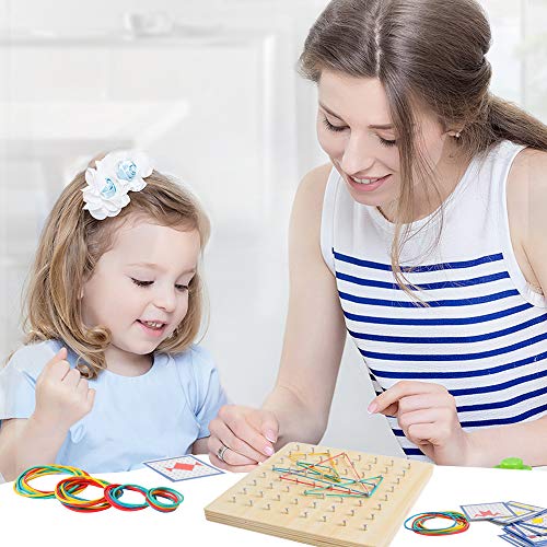 Wooden Geoboard, Montessori STEM Toy with Pattern Blocks for Kids Ages 3+ | Rubber Bands & Pattern Cards, Fine Motor Math Learning Geo Board, Classroom Home STEM Activity, Brain Teaser Educational Gift - size: 7*7 in