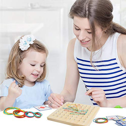 Wooden Geoboard, Montessori STEM Toy with Pattern Blocks for Kids Ages 3+ | Rubber Bands & Pattern Cards, Fine Motor Math Learning Geo Board, Classroom Home STEM Activity, Brain Teaser Educational Gift - size: 7*7 in
