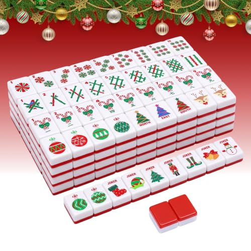 160 Pcs Christmas American Mahjong Set Only, 1.2 x 0.87 Inches Red Back Melamine Mahjong Tiles, Hand Carved Pattern for Adult Mah Jong Social Games, Mah Jong Lovers - style: Stylish