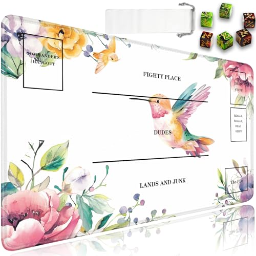 JVGFYNKL for MTG Playmat, 24 x 14 in for TCG Playmat with Zones,Trading Card Game Playmats with Storage Bag and 6 Dice, White for MTG Table Mat Card Accessories, Hummingbird + Flowers - color: JV-Playmat-5K-4-F155