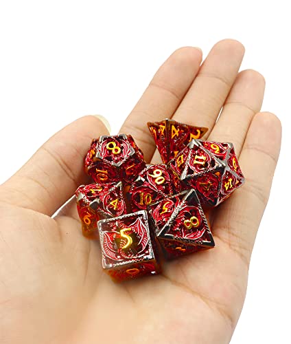 Metal DND Dice Set Dungeons and Dragon Dice Set Hollow Dragon Polyhedral Magic 7 PCS Dice Set with Gift Metal Box for Dungeons and Dragons Table Games Play Cards MTG(Dragon_Black Red Plus Gold) - color: Dragon_black Red Plus Gold