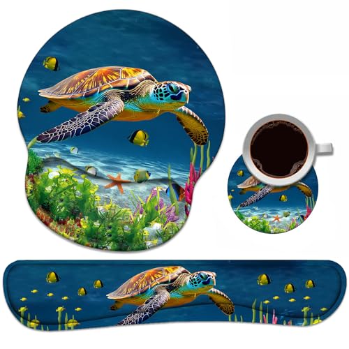 Keyboard Wrist Rest + Mouse Pad Wrist Support Set with Coasters, Non-Slip PU Base Ergonomic Mousepad for Home Office Working Studying Easy Typing & Pain Relief, Sea Turtle - color: Sea Turtle
