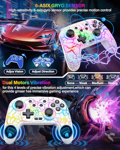 Switch Controller Compatible with Switch/Switch Lite/OLED/PC, Programmable Wireless Switch Controller with 10 LED Light, 6-Axis Motion, Turbo, Vibration, One-Key Wake Up & Pairing, 1000mAh Battery, White - color: white