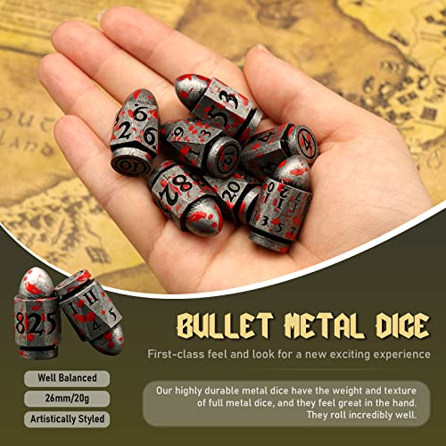 Bullet Dice Set, DND Dice Metal Revolver，ZHOORQI D6 Gun Dice Gifts for D and D, RPGs(7-Blood Silver) - color: 7bullet-blood Silver