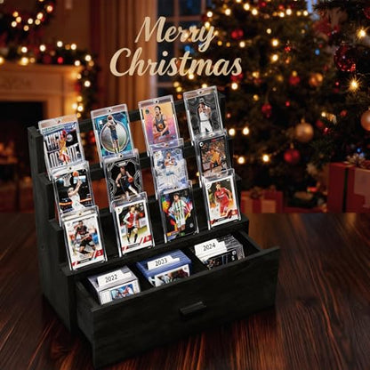 Emfogo Trading Card Display, 3-Tier Card Display Case with Custom Drawer, Wood Graded Card Display with Supporters and Dividers, Sports Card Display Case for Collection (Black) - color: Black