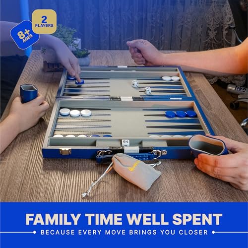 Large Blue Backgammon Sets for Adults - Classic Board Games for 2 Players Adults and Kids - Premium Backgammon Set 15 Inch Board and 32 Backgammon Pieces in Quality PU Leather Case - style: Premium Blue