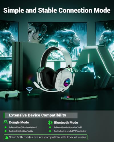Wireless Gaming Headset with Noise Canceling Microphone for PC, PS5, PS4, Switch, Mac，2.4 GHz Wireless & Bluetooth 5.4 Gaming Headphones, Cool RGB Lighting, 60Hr Battery, 50mm Drivers(Pure White) - color: Pure White