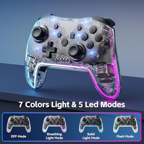 Wireless Pro Controller for Switch/Lite/OLED/PC/Android/iOS - Ergonomic Gamepad with 7 Color RGB Lighting, Turbo/Vibration Adjustment & One-Key Wake-Up Function - color: TransparentWhite